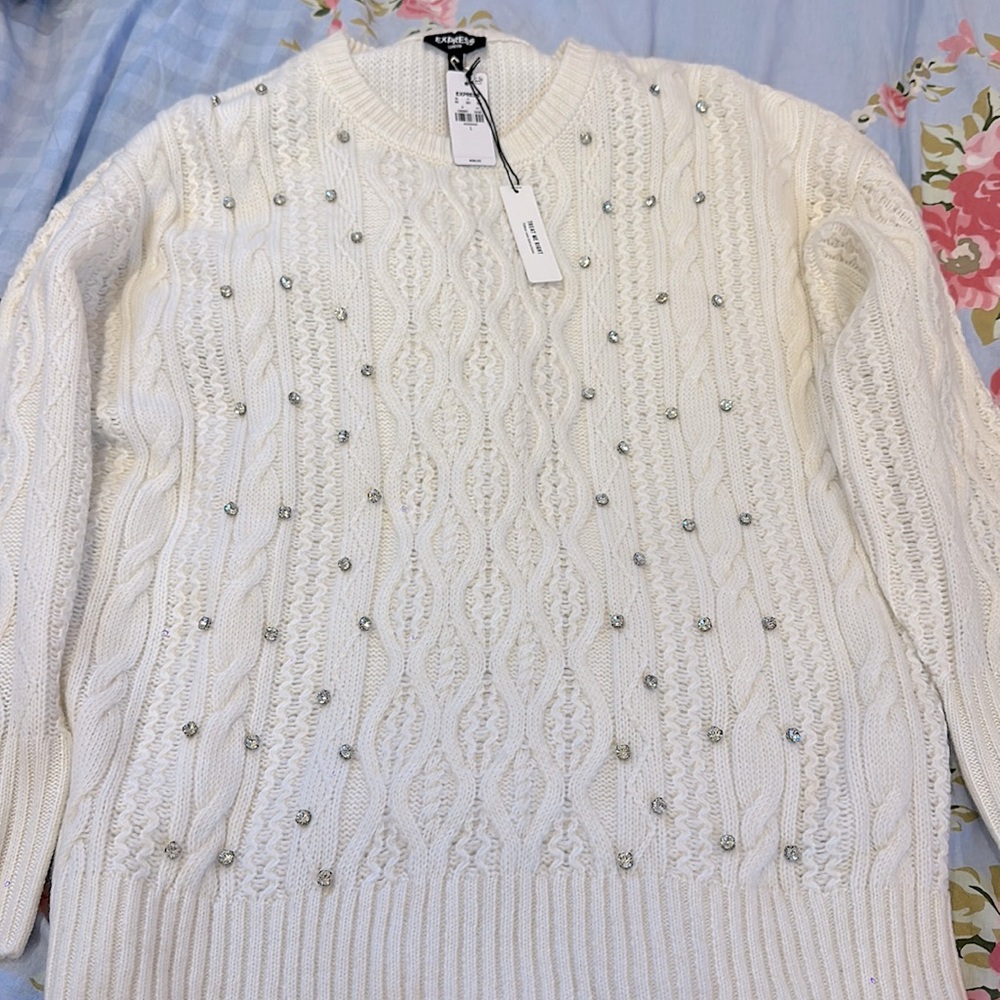 Express embellished, cream, color, sweater, size large gems cable knit
